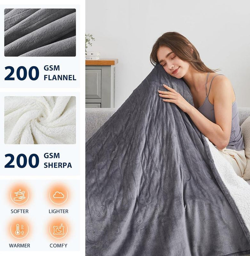 Homemate Heated Blanket Electric Throw - Heating Blanket Throw 1/2/4/6/8 Hours Auto-Off 10 Heat Level Heat Blanket Over-Heat Protection Flannel Sherpa Heater Blanket Electric ETL Certification